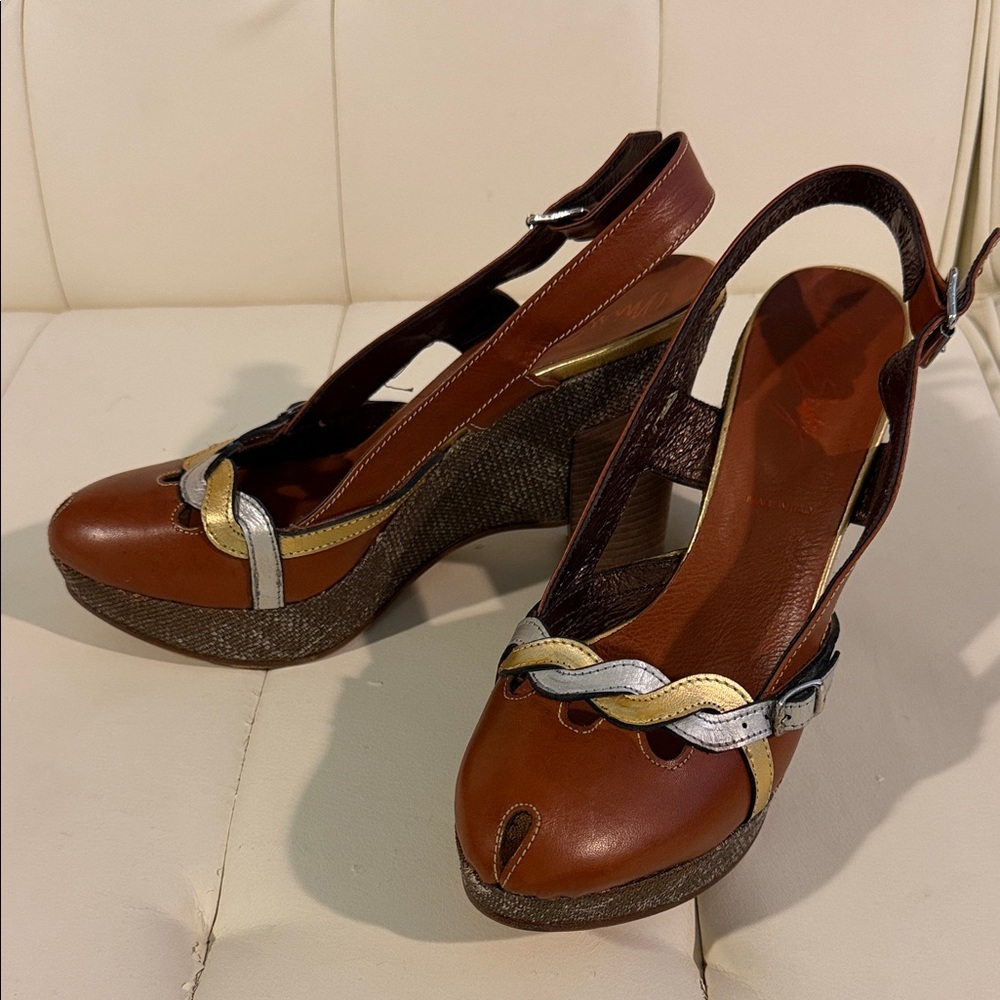 Miss Sixty Brown and Silver Platform Heels Sling Back Retro